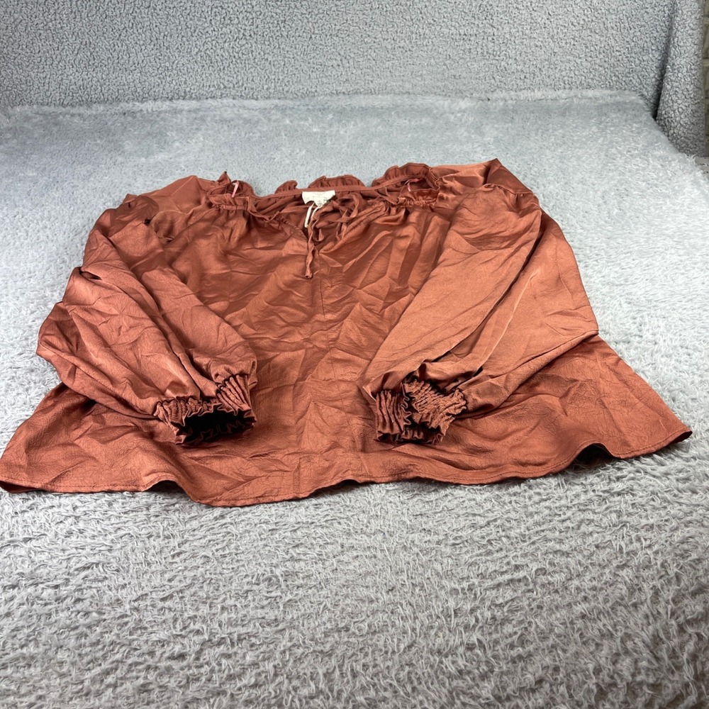 Perch by Blu Pepper Terracotta Rust Ruffle Tie Neck Balloon Sleeve Blouse 1XL
